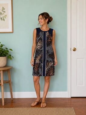 Frank Lyman Design Navy and Brown Animal Print Shift Mini Dress